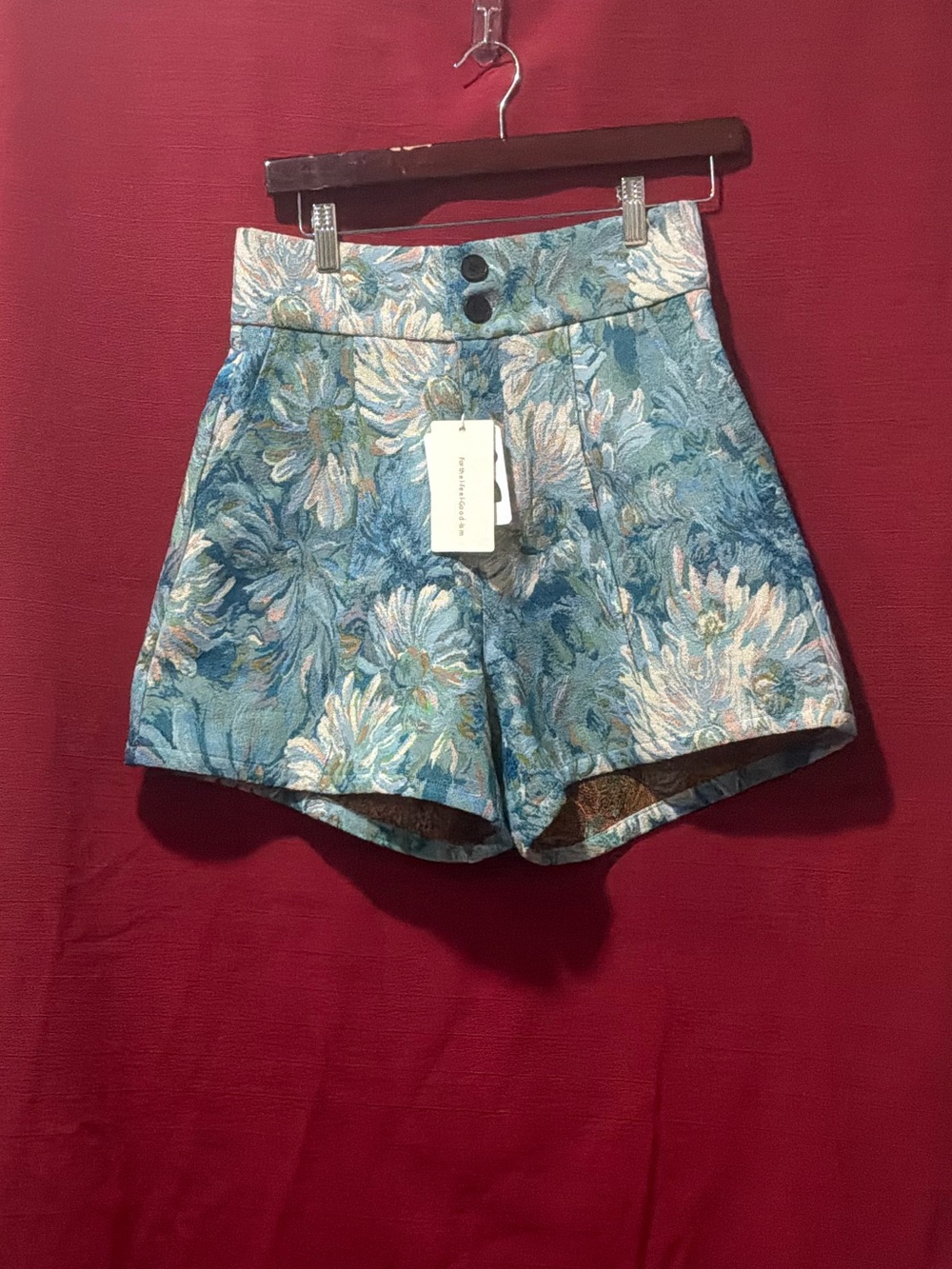 Commense Blue Floral Jacquard High-Waist Shorts